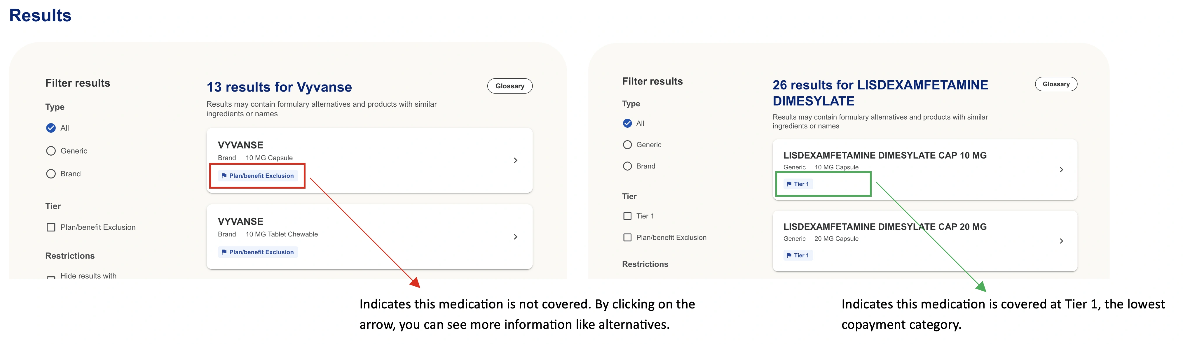 SIP example showing the coverage notes under a medication in the prescription reference tool