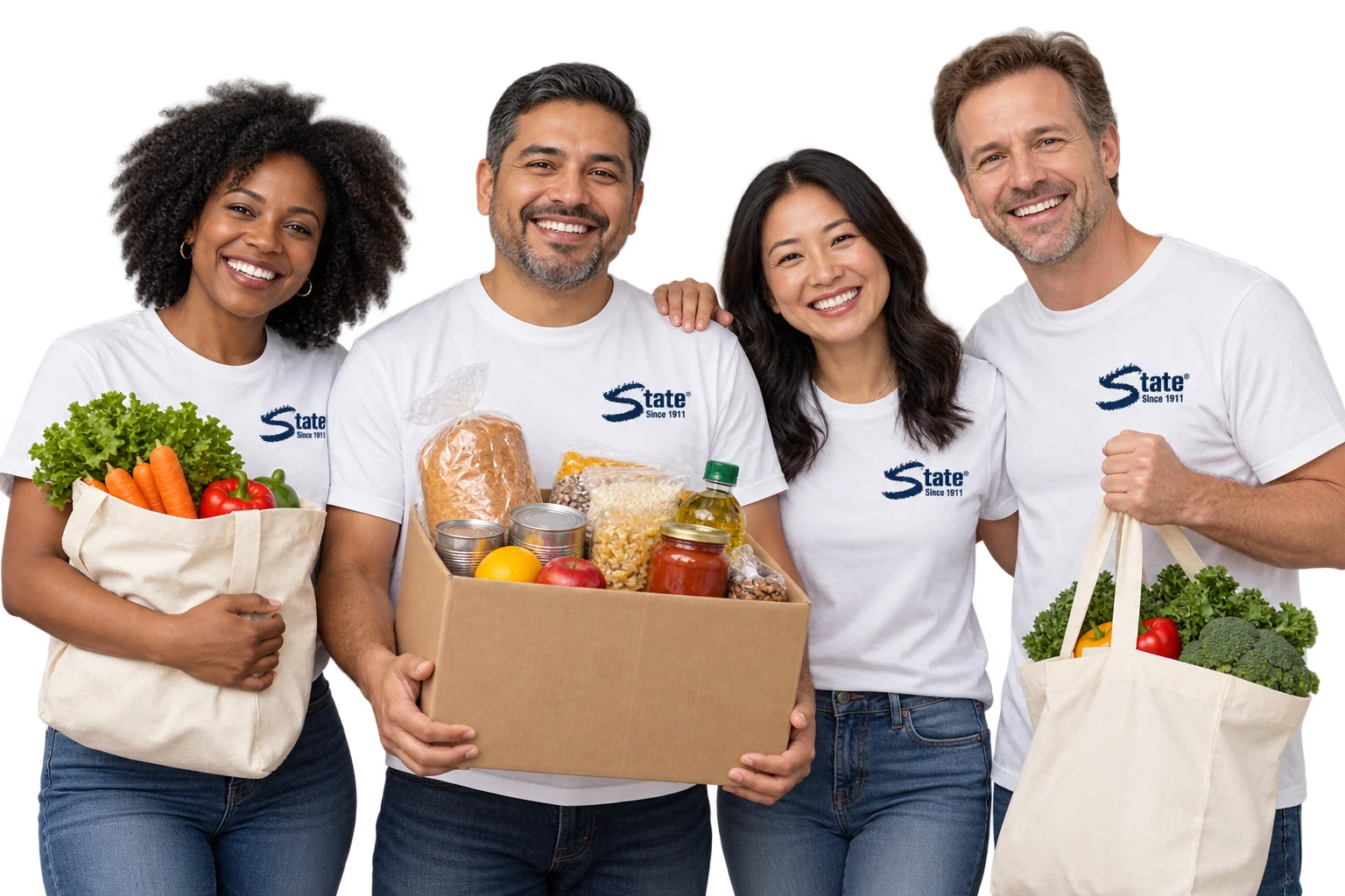 Illustrative group of volunteers in State shirts collecting food donations